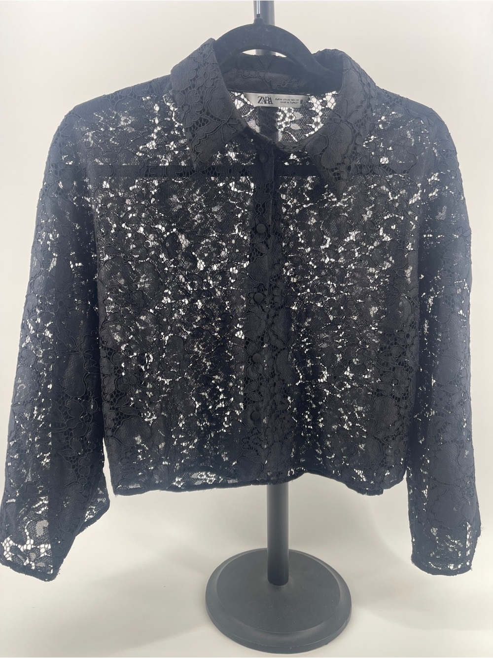 Zara Black Sheer Floral Lace Evening Goth Long-Sleeve Top